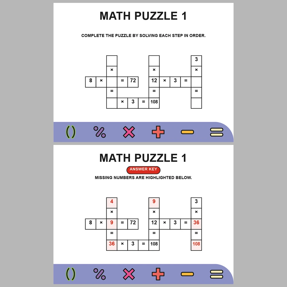 Math Puzzle Multiplication 10 Puzzle Pages + 10 Answer Key Pages (Vol. 9)