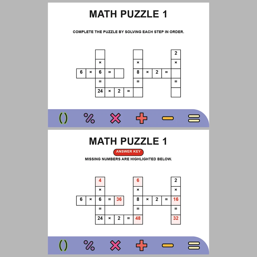 Math Puzzle Multiplication 10 Puzzle Pages + 10 Answer Key Pages (Vol. 1)