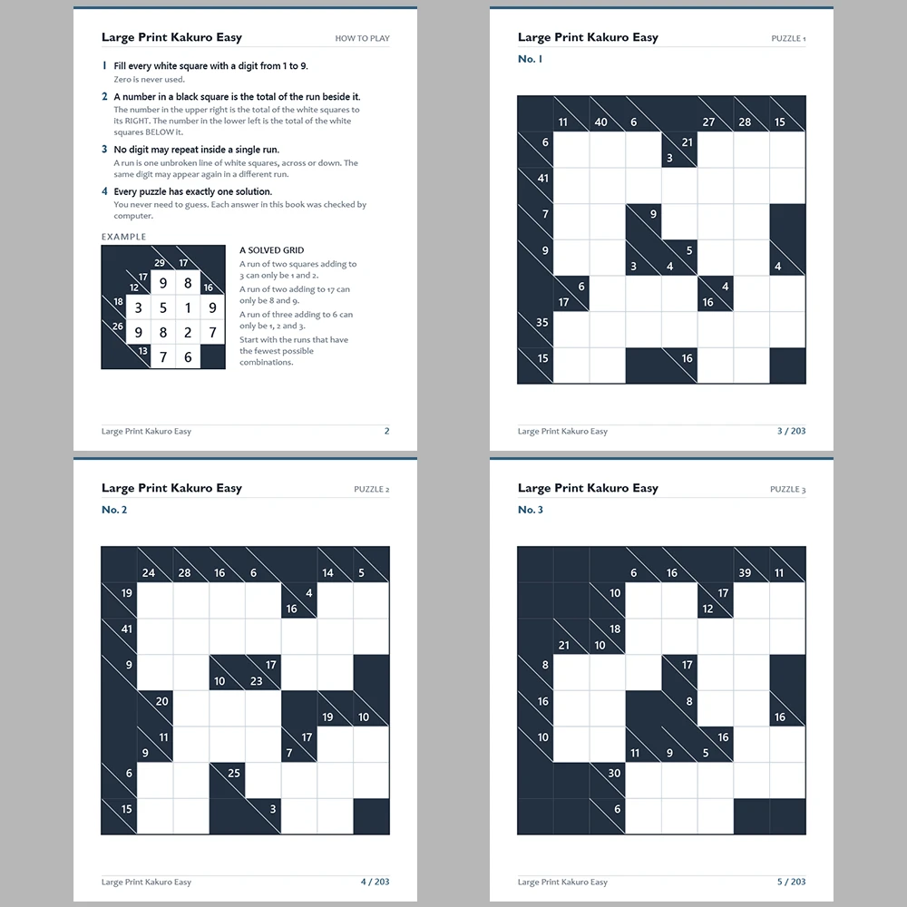 Kakuro Puzzle Large Print Easy 100 Puzzle Pages + 100 Answer Key Pages