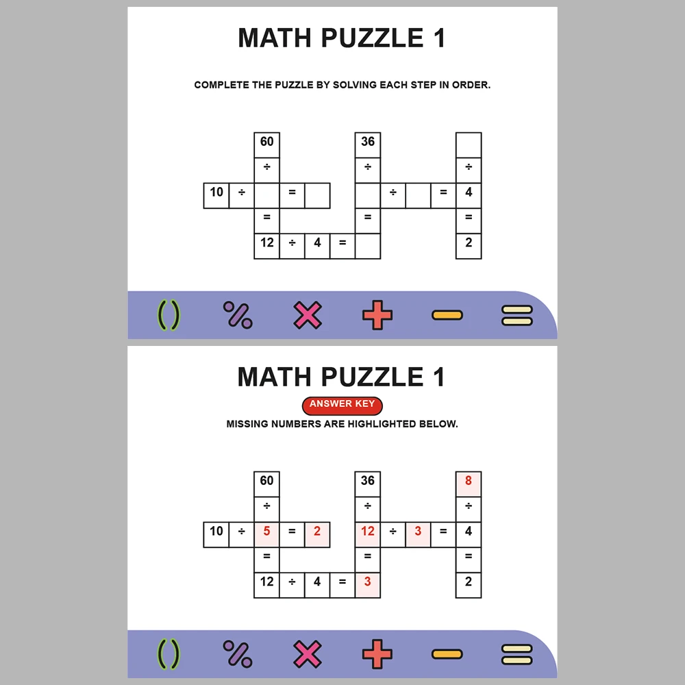 Math Puzzle Division 10 Puzzle Pages + 10 Answer Key Pages (Vol. 10)