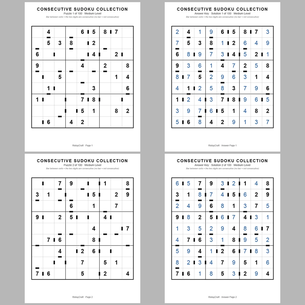 Sudoku Puzzle Consecutive Sudoku 100 Puzzle Pages + 100 Answer Key Pages