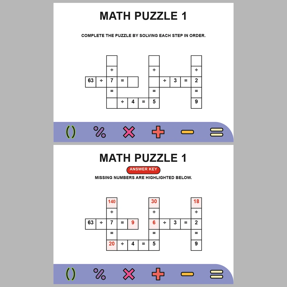 Math Puzzle Division 10 Puzzle Pages + 10 Answer Key Pages (Vol. 5)