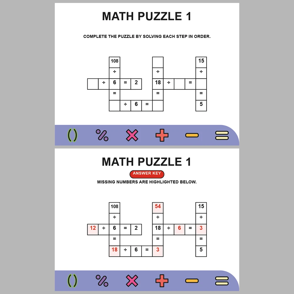 Math Puzzle Division 10 Puzzle Pages + 10 Answer Key Pages (Vol. 6)