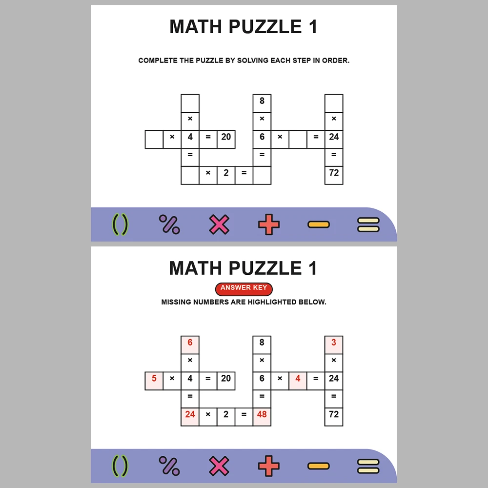Math Puzzle Multiplication 10 Puzzle Pages + 10 Answer Key Pages (Vol. 8)