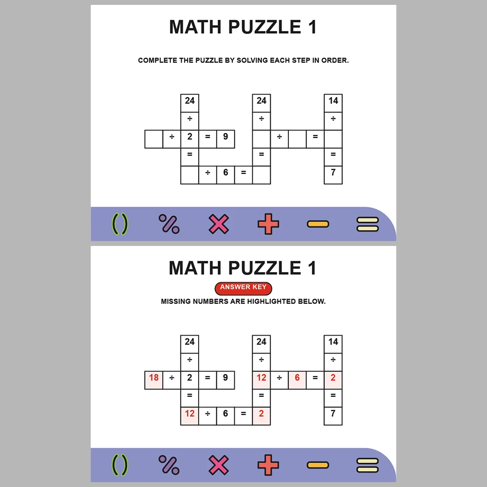 Math Puzzle Division 10 Puzzle Pages + 10 Answer Key Pages (Vol. 7)