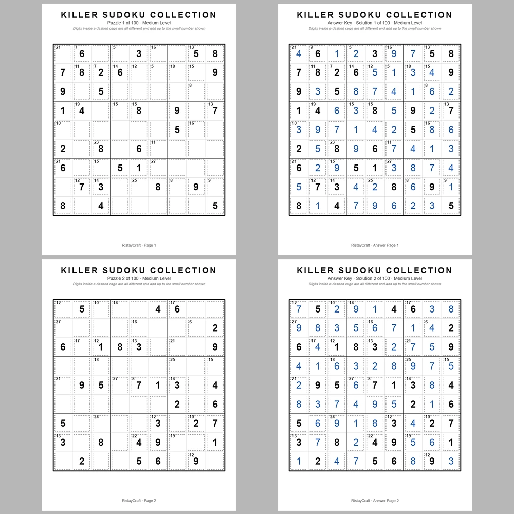 Sudoku Puzzle Killer Sudoku 100 Puzzle Pages + 100 Answer Key Pages