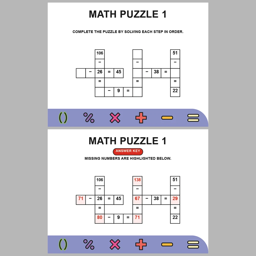 Math Puzzle Subtraction 10 Puzzle Pages + 10 Answer Key Pages (Vol. 1)