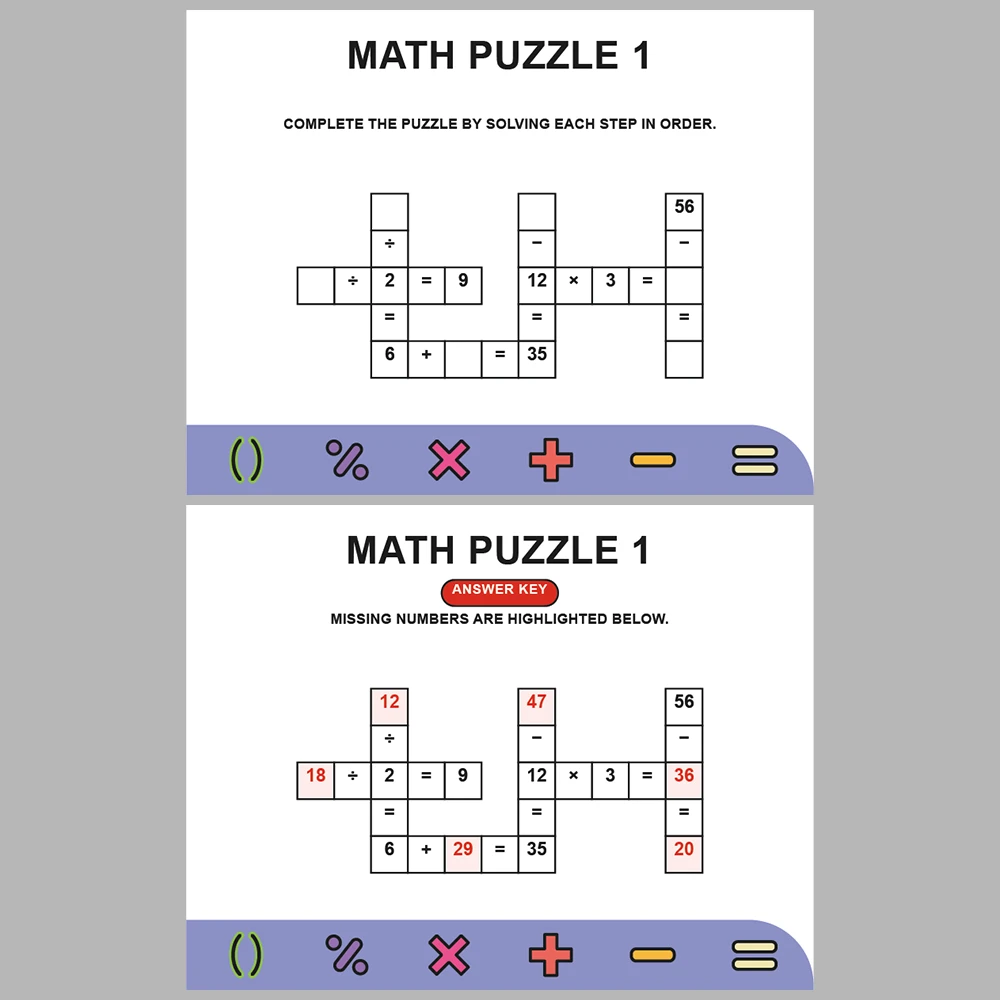 Math Puzzle Four Operations 10 Puzzle Pages + 10 Answer Key Pages (Vol. 5)
