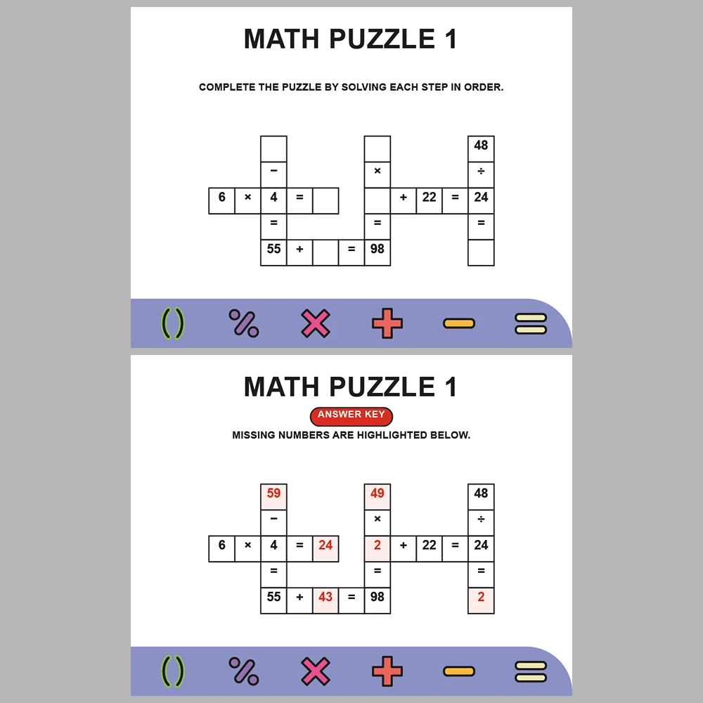 Math Puzzle Four Operations 10 Puzzle Pages + 10 Answer Key Pages (Vol. 16)