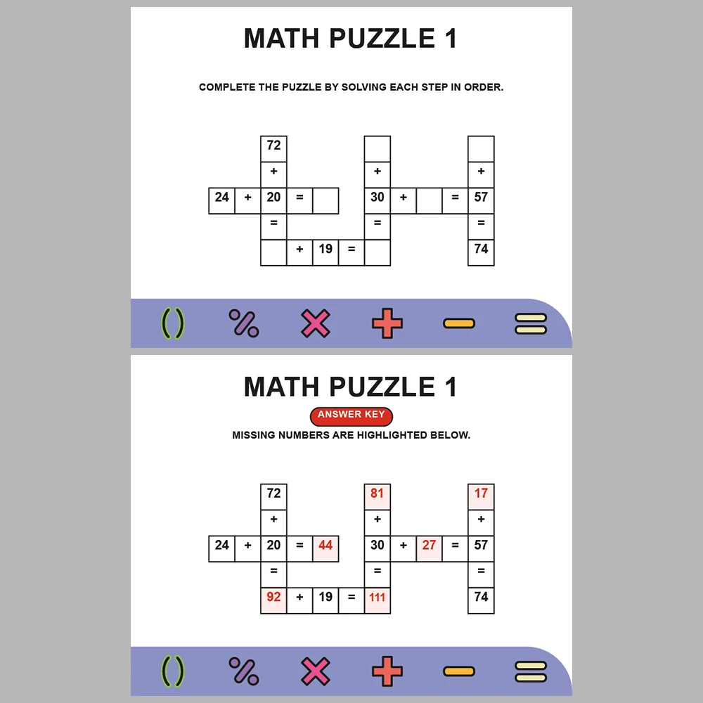 Math Puzzle Addition 10 Puzzle Pages + 10 Answer Key Pages (Vol. 7)