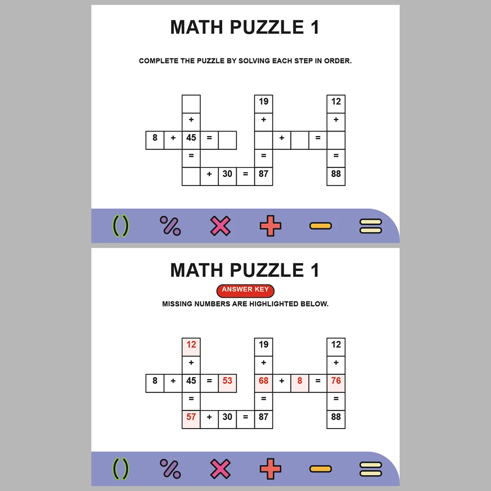 Math Puzzle Addition 10 Puzzle Pages + 10 Answer Key Pages (Vol. 9)