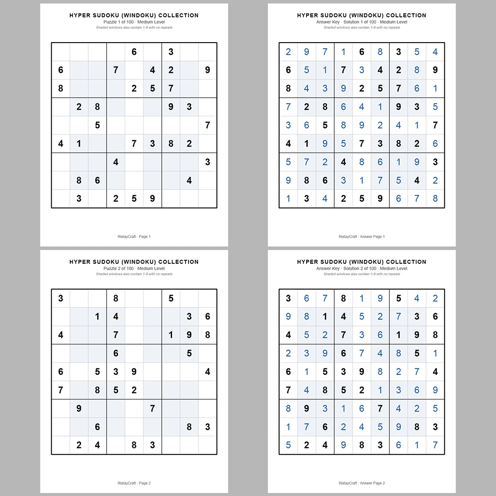 Sudoku Puzzle Hyper Sudoku 100 Puzzle Pages + 100 Answer Key Pages