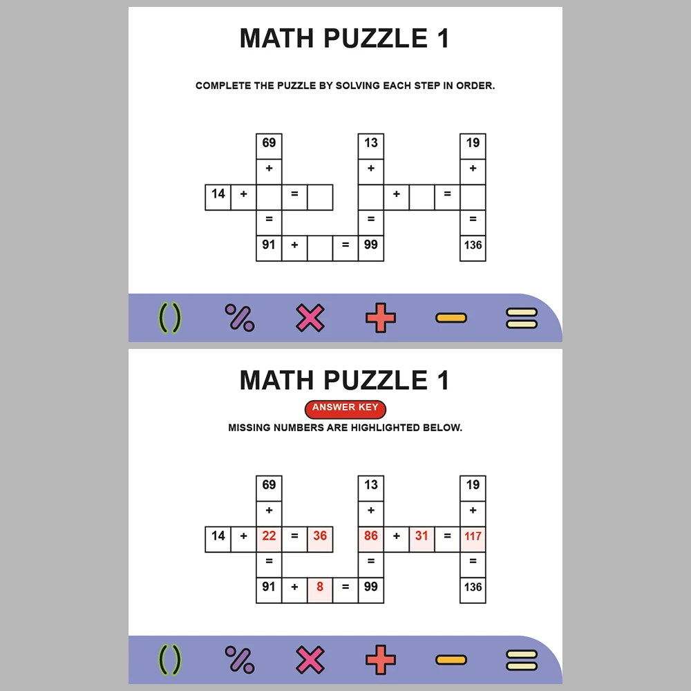 Math Puzzle Addition 10 Puzzle Pages + 10 Answer Key Pages (Vol. 3)