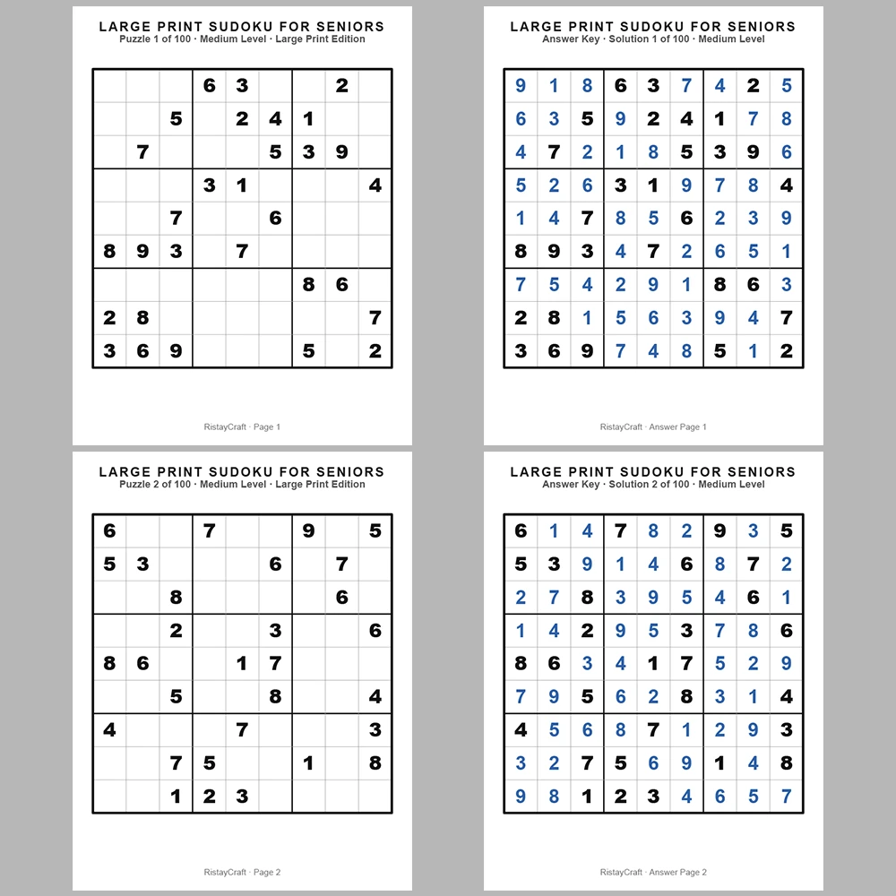 Sudoku Puzzle Senior – Medium 100 Puzzle Pages + 100 Answer Key Pages