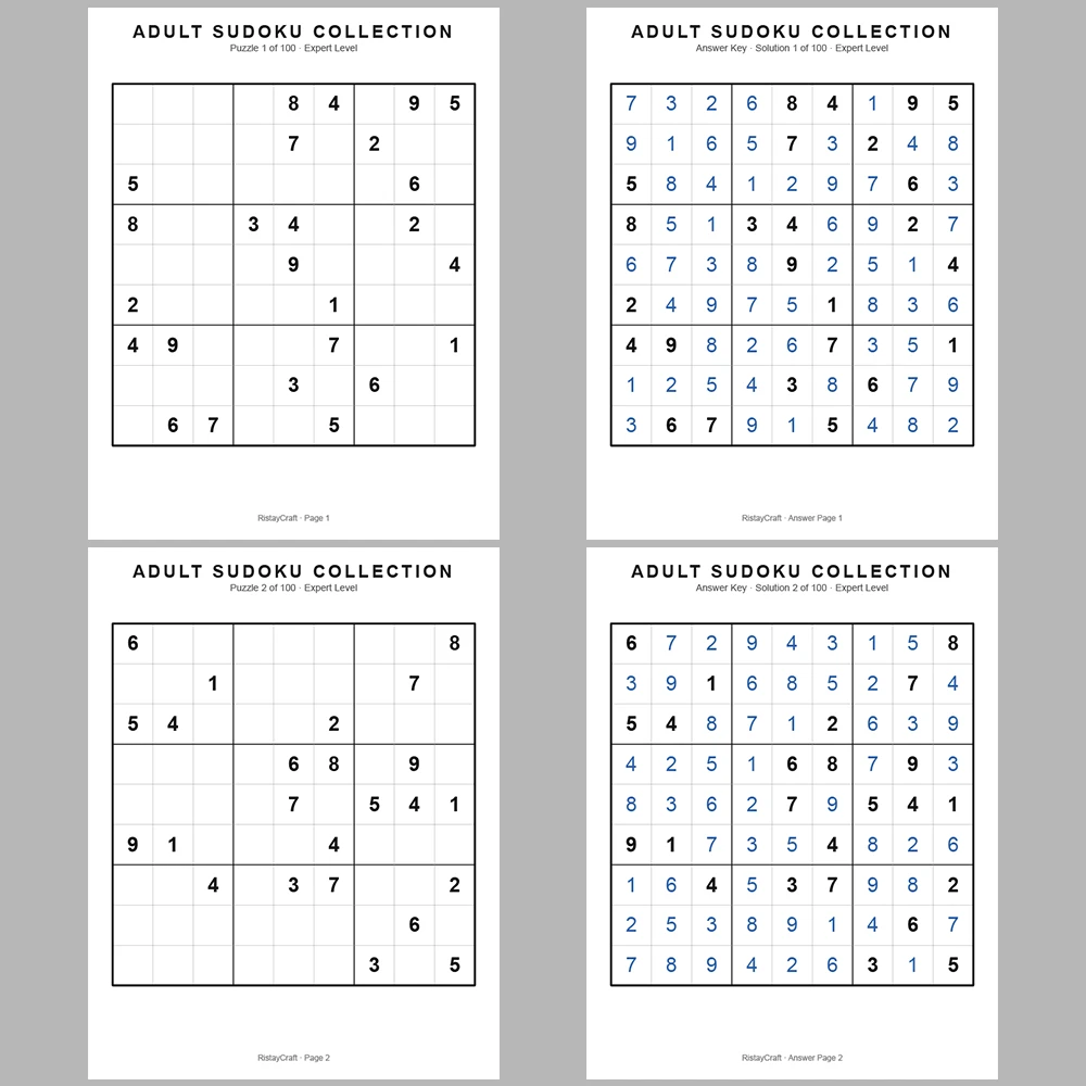 Sudoku Puzzle Adult Expert 100 Puzzle Pages + 100 Answer Key Pages