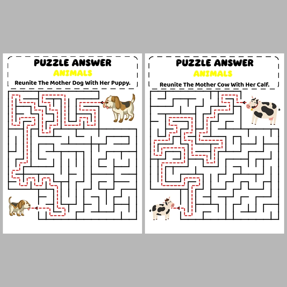 Mother and Baby Animal Kids Maze Puzzle 10 Pages of Puzzles