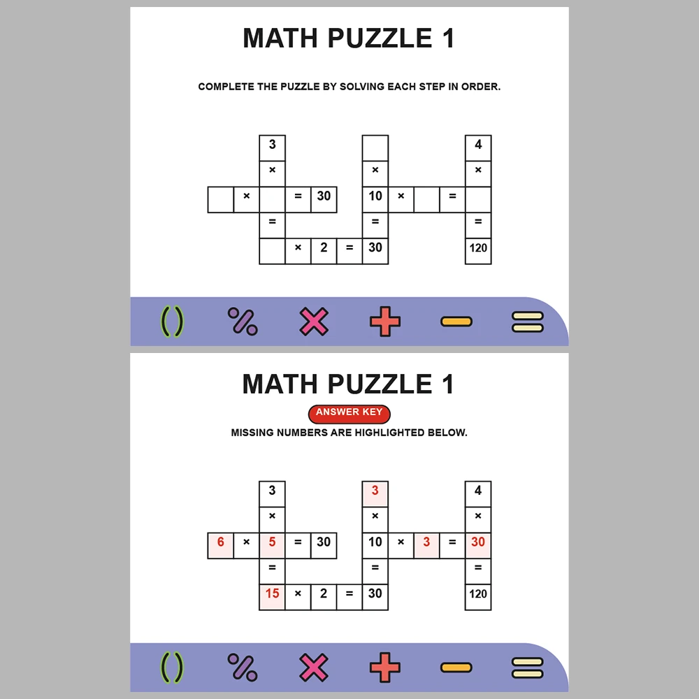 Math Puzzle Multiplication 10 Puzzle Pages + 10 Answer Key Pages (Vol. 6)
