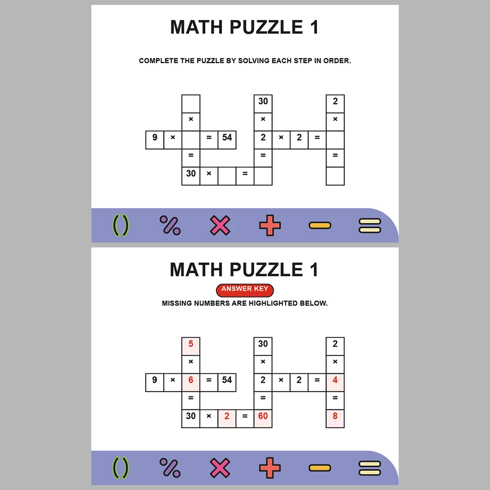 Math Puzzle Multiplication 10 Puzzle Pages + 10 Answer Key Pages (Vol. 3)