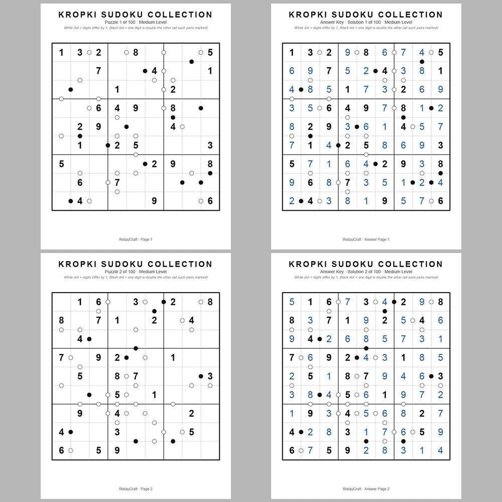 Sudoku Puzzle Kropki Sudoku 100 Puzzle Pages + 100 Answer Key Pages