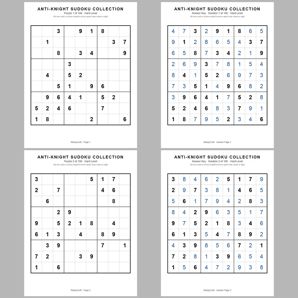 Sudoku Puzzle Anti-knight Sudoku 100 Puzzle Pages + 100 Answer Key Pages