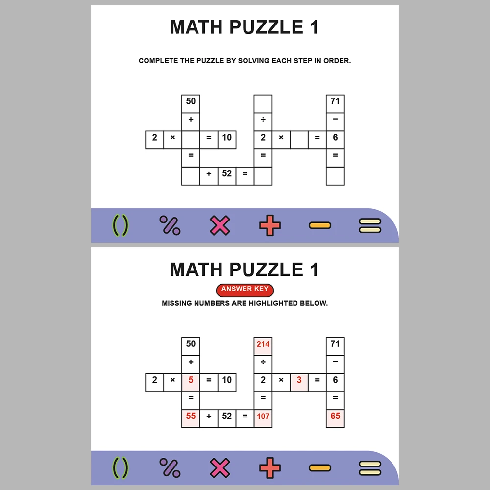 Math Puzzle Four Operations 10 Puzzle Pages + 10 Answer Key Pages (Vol. 17)