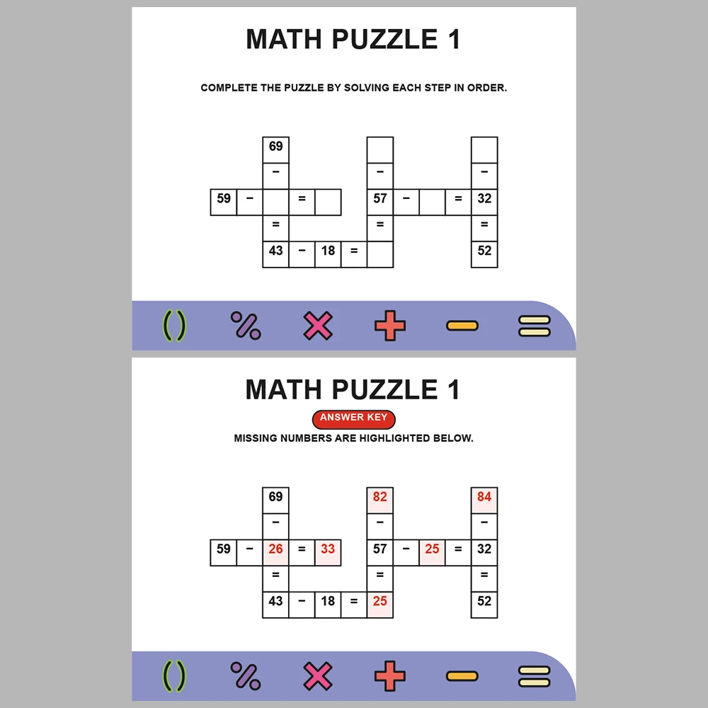 Math Puzzle Subtraction 10 Puzzle Pages + 10 Answer Key Pages (Vol. 3)
