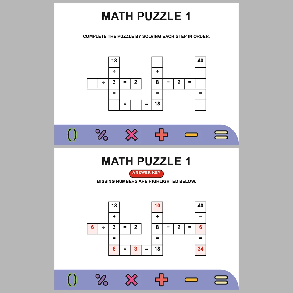 Math Puzzle Four Operations 10 Puzzle Pages + 10 Answer Key Pages (Vol. 10)
