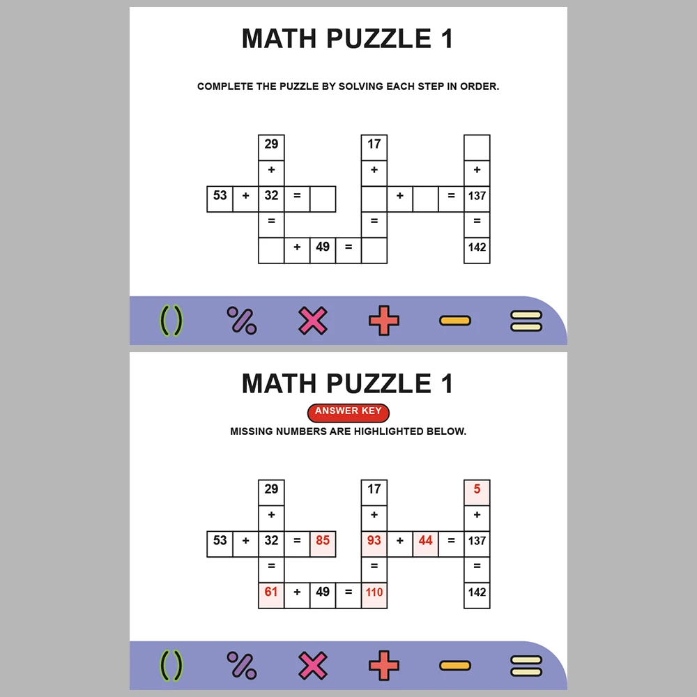 Math Puzzle Addition 10 Puzzle Pages + 10 Answer Key Pages (Vol. 6)