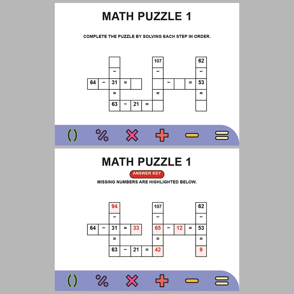 Math Puzzle Subtraction 10 Puzzle Pages + 10 Answer Key Pages (Vol. 5)