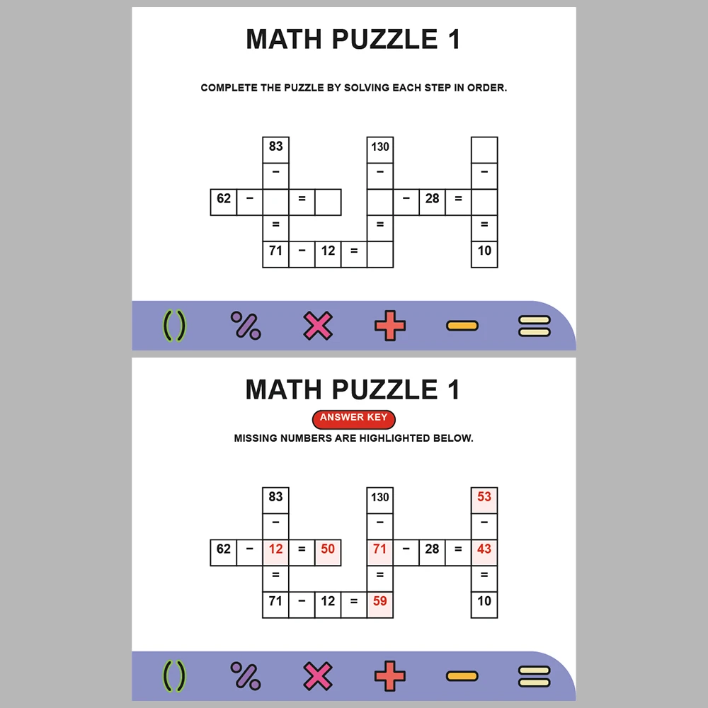 Math Puzzle Subtraction 10 Puzzle Pages + 10 Answer Key Pages (Vol. 7)
