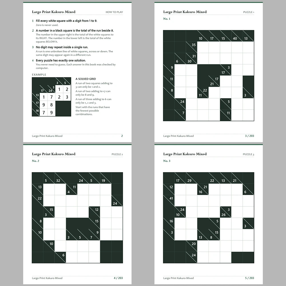 Kakuro Puzzle Large Print Mixed 100 Puzzle Pages + 100 Answer Key Pages