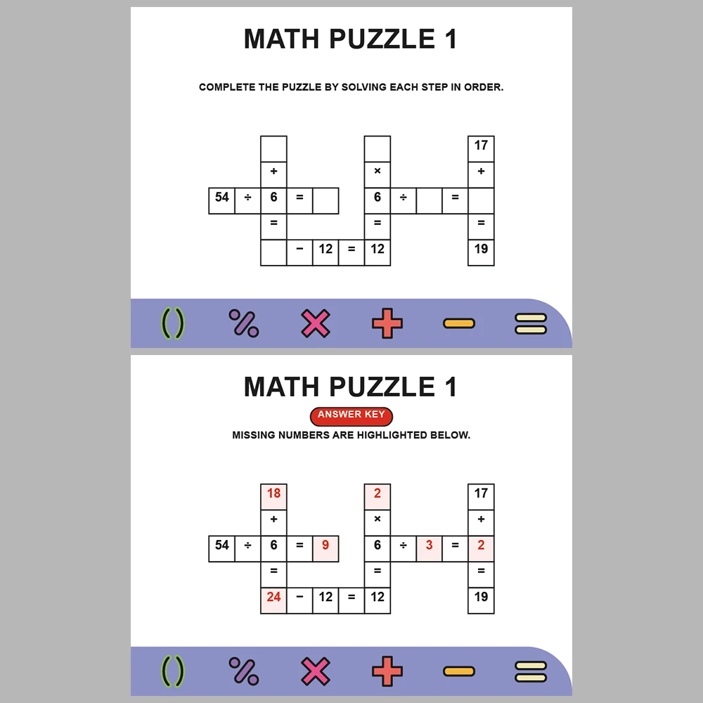 Math Puzzle Four Operations 10 Puzzle Pages + 10 Answer Key Pages (Vol. 11)