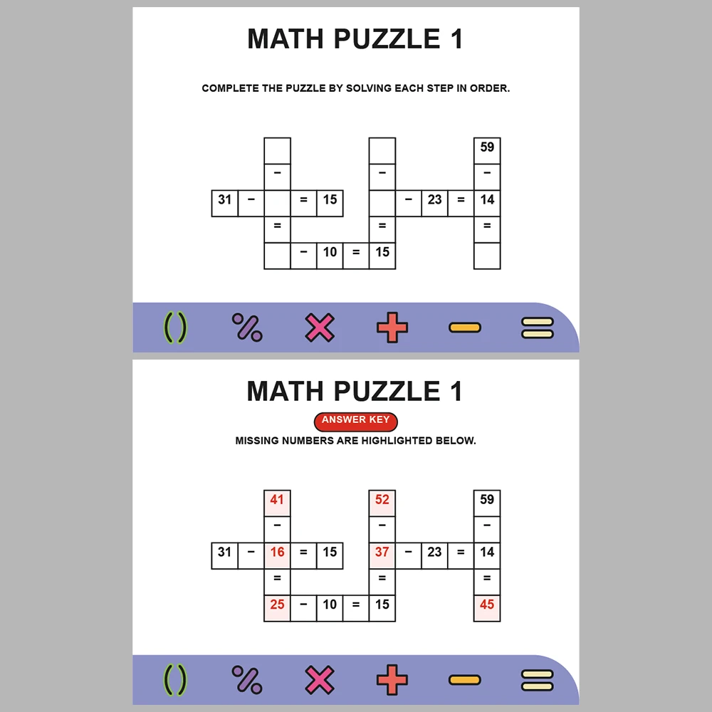 Math Puzzle Subtraction 10 Puzzle Pages + 10 Answer Key Pages (Vol. 4)