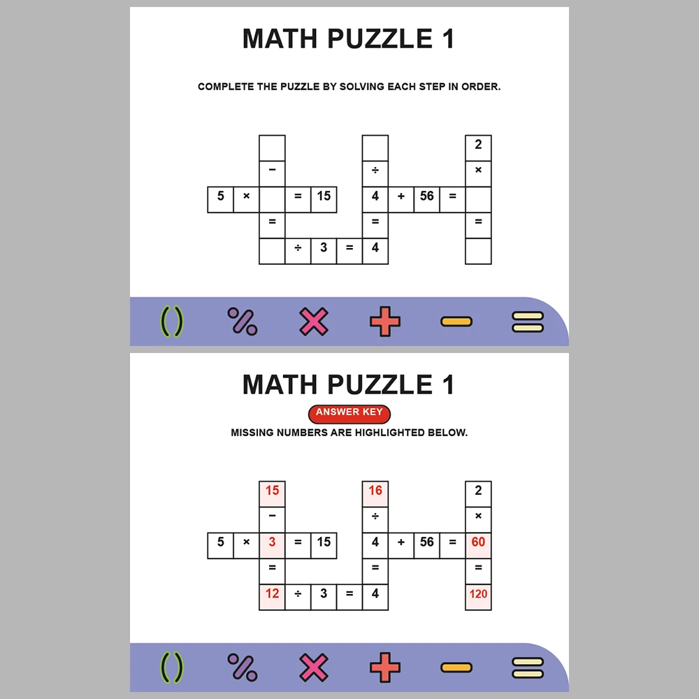 Math Puzzle Four Operations 10 Puzzle Pages + 10 Answer Key Pages (Vol. 14)
