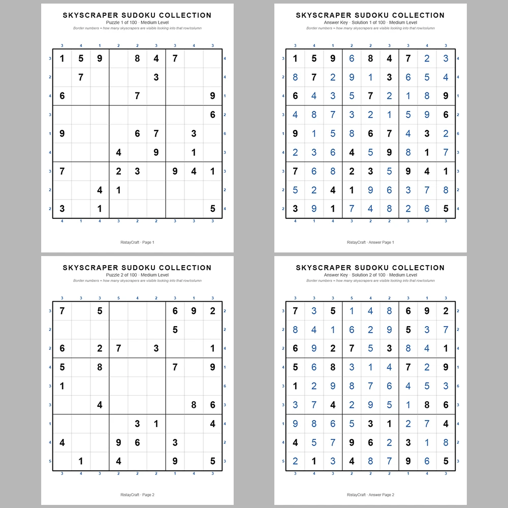 Suooku Puzzle Skyscraper Sudoku 100 Puzzle Pages + 100 Answer Key Pages