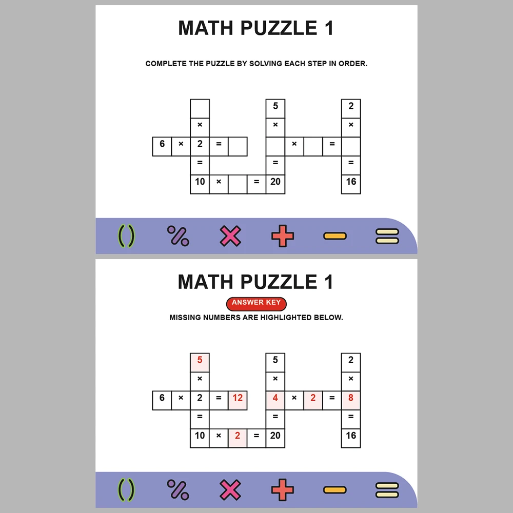 Math Puzzle Multiplication 10 Puzzle Pages + 10 Answer Key Pages (Vol. 5)