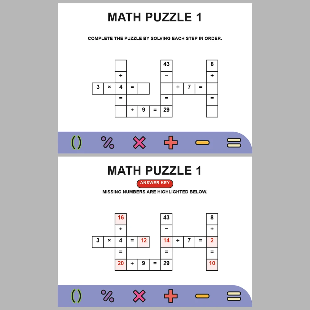 Math Puzzle Four Operations 10 Puzzle Pages + 10 Answer Key Pages (Vol. 2)