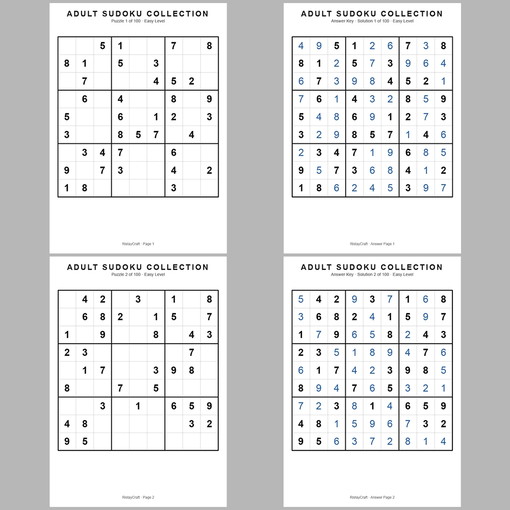 Sudoku Puzzle Adult Easy 100 Puzzle Pages + 100 Answer Key Pages