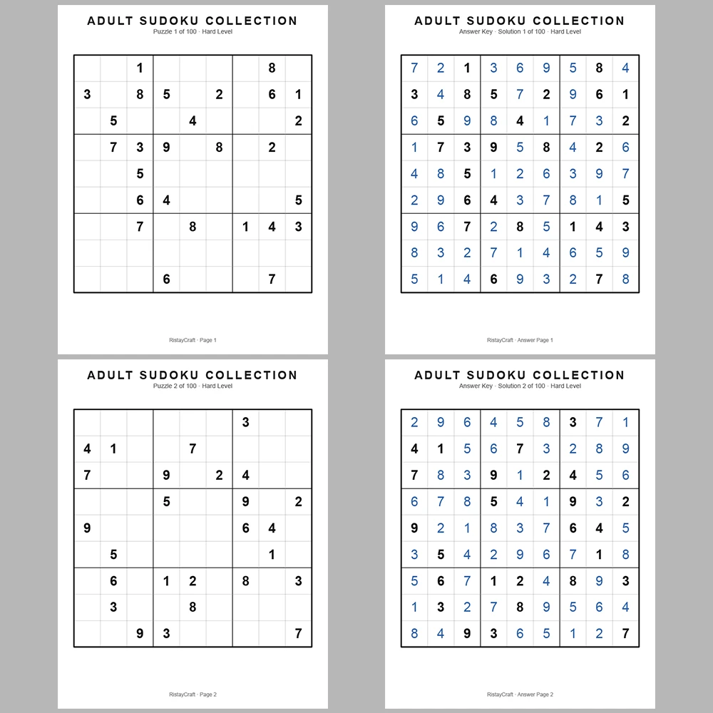 Sudoku Puzzle Adult Hard 100 Puzzle Pages + 100 Answer Key Pages