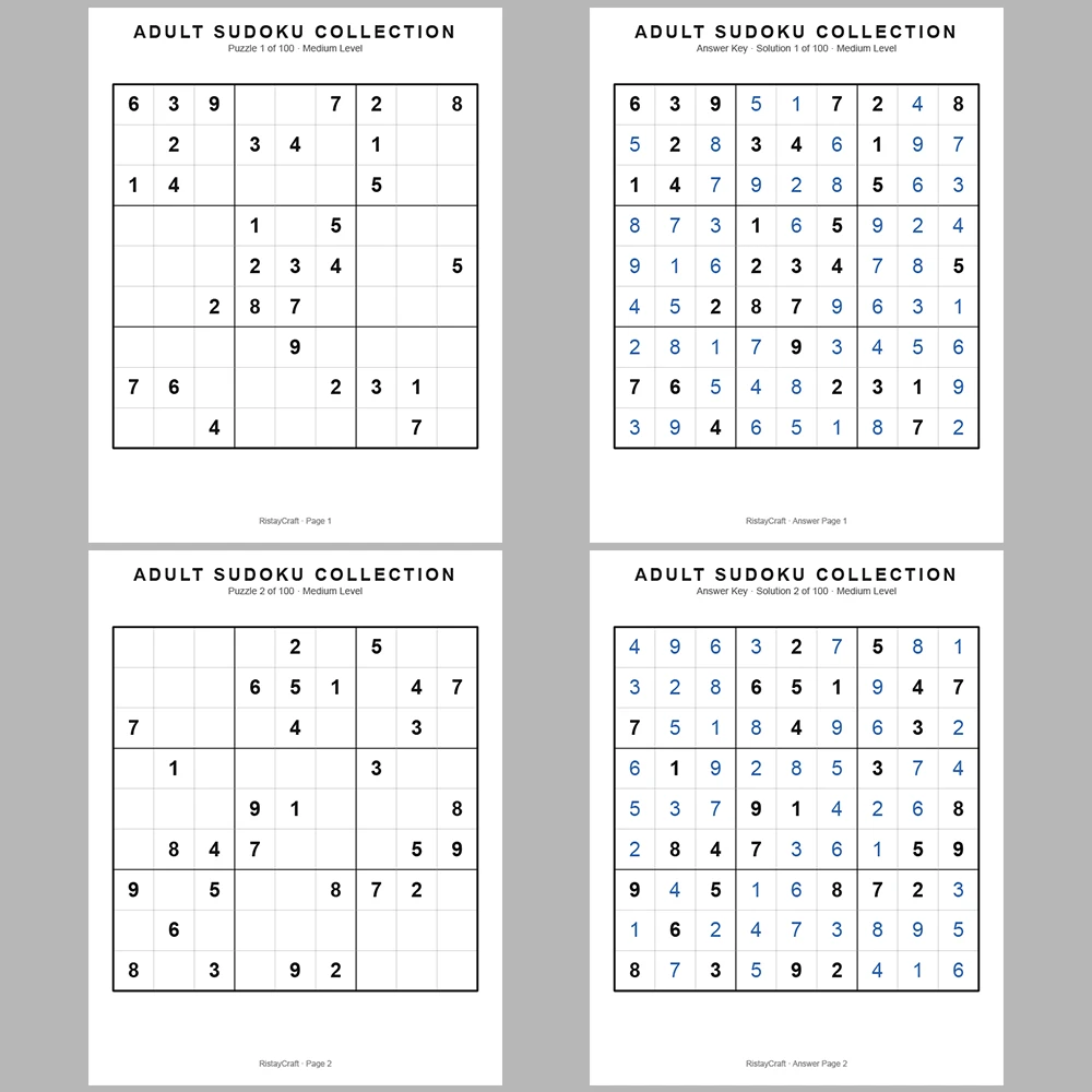Sudoku Puzzle Adult Medium 100 Puzzle Pages + 100 Answer Key Pages