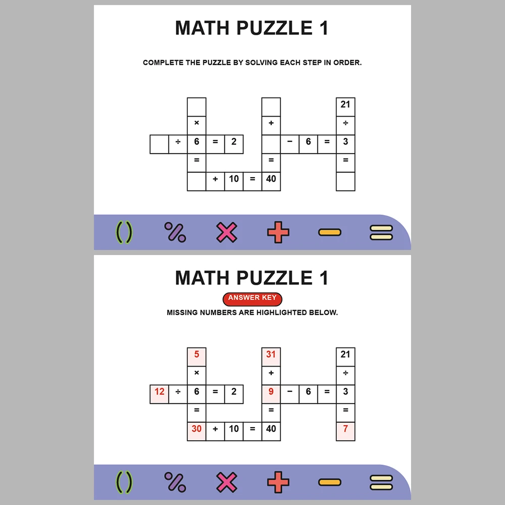 Math Puzzle Four Operations 10 Puzzle Pages + 10 Answer Key Pages (Vol. 9)