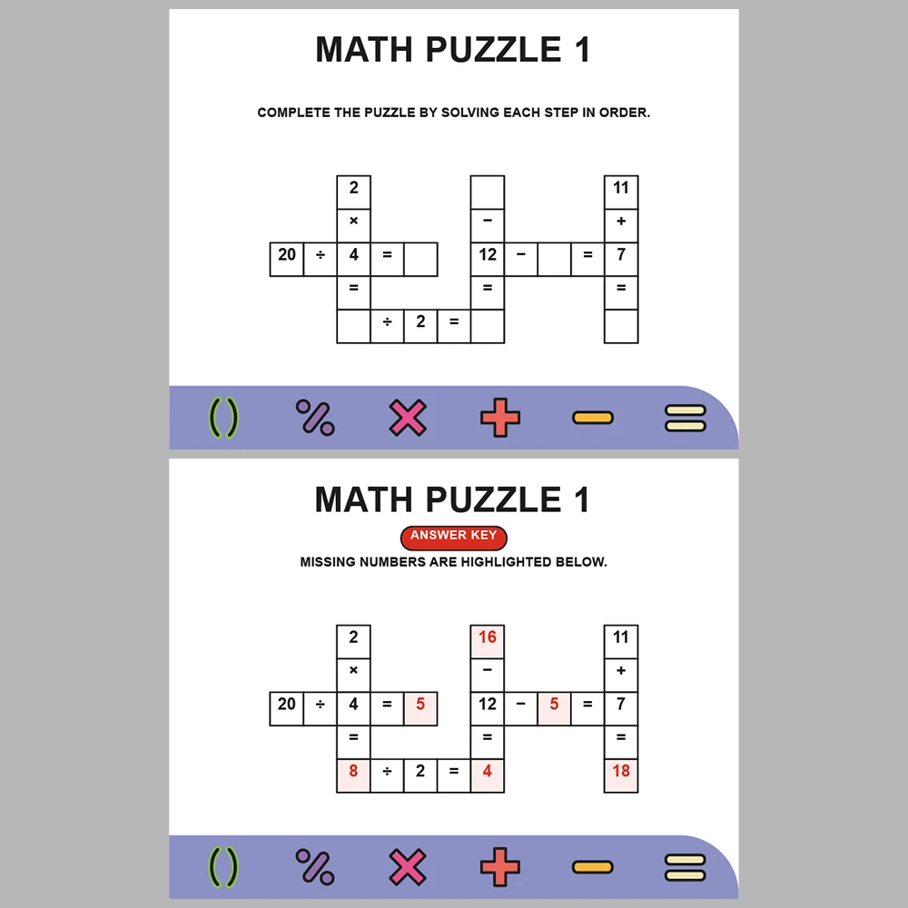 Math Puzzle Four Operations 10 Puzzle Pages + 10 Answer Key Pages (Vol. 4)
