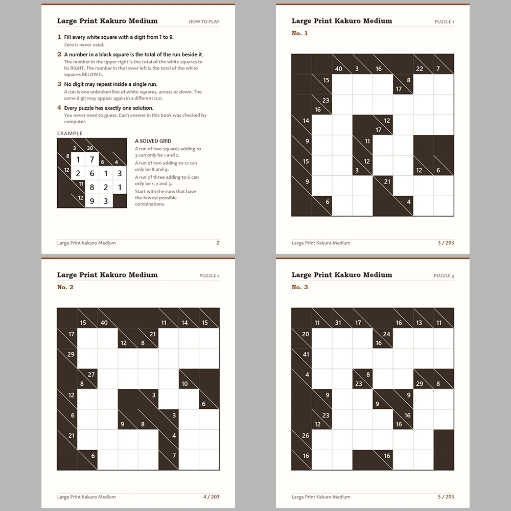 Kakuro Puzzle Large Print Medium 100 Puzzle Pages + 100 Answer Key Pages