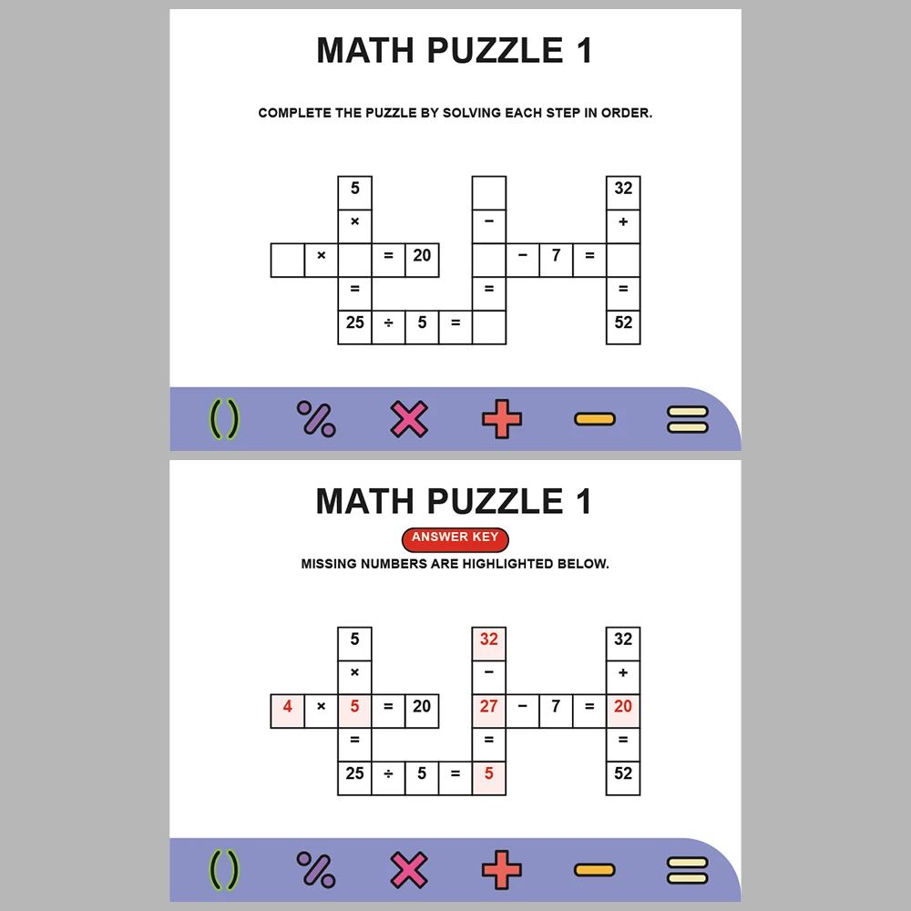 Math Puzzle Four Operations 10 Puzzle Pages + 10 Answer Key Pages (Vol. 6)