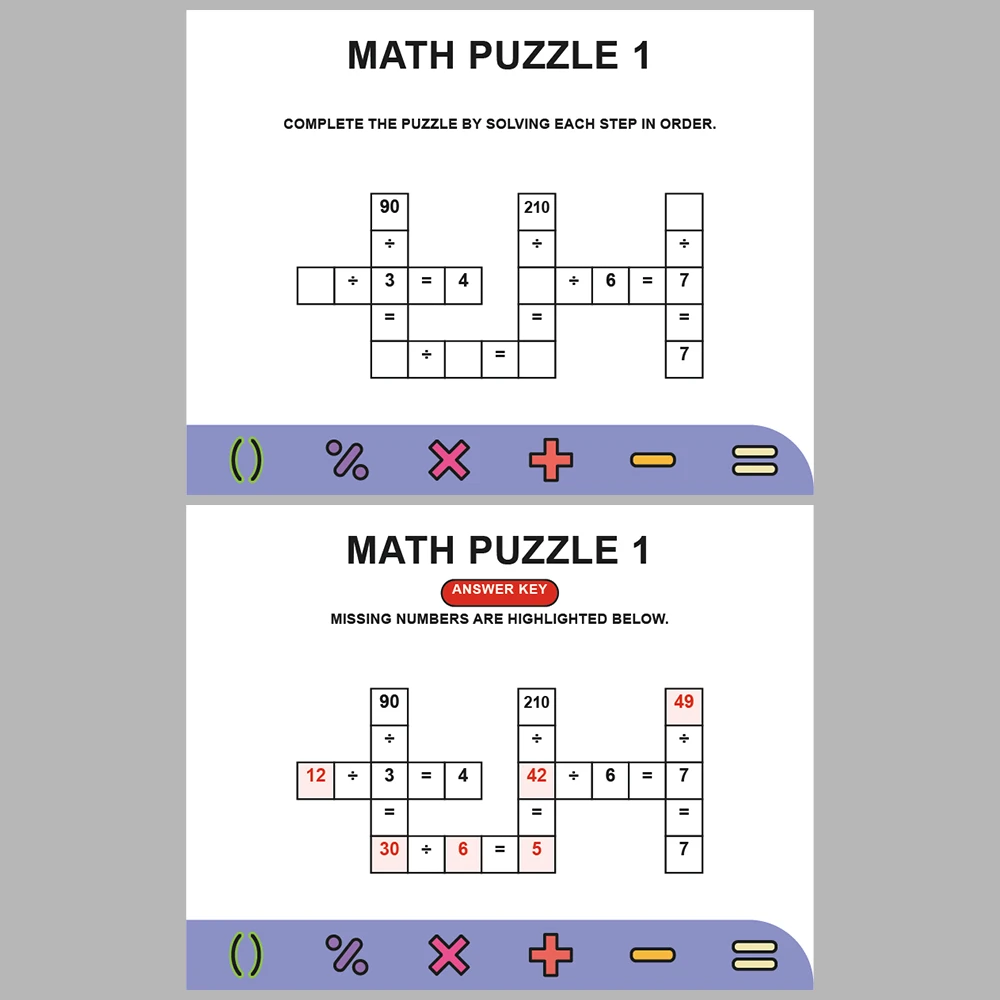 Math Puzzle Division 10 Puzzle Pages + 10 Answer Key Pages (Vol. 4)