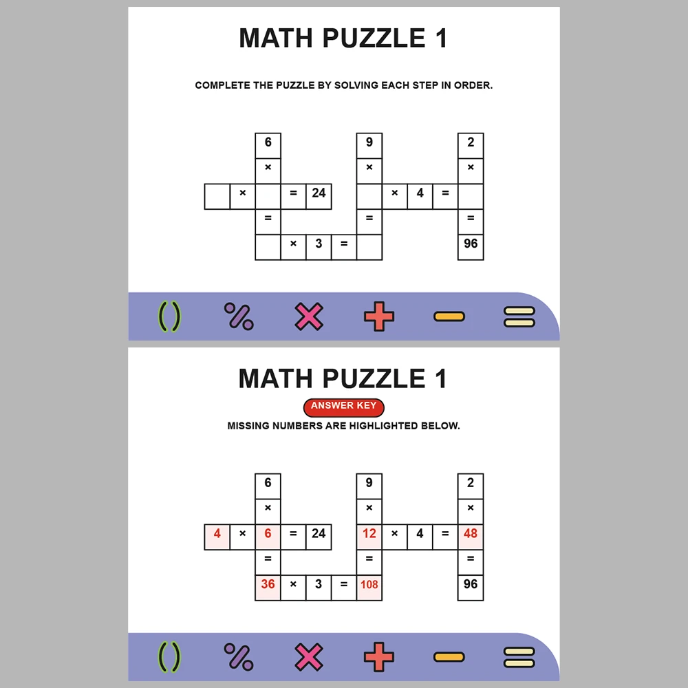 Math Puzzle Multiplication 10 Puzzle Pages + 10 Answer Key Pages (Vol. 10)