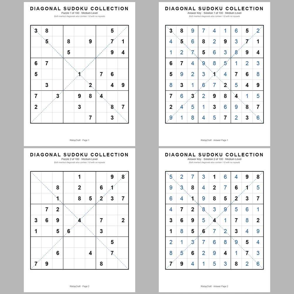 Sudoku Puzzle Diagonal Sudoku 100 Puzzle Pages + 100 Answer Key Pages