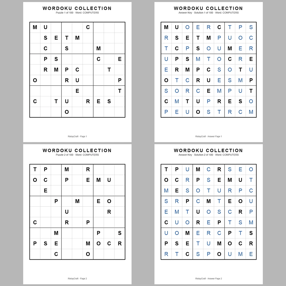 Sudoku Puzzle Wordoku Sudoku 100 Puzzle Pages + 100 Answer Key Pages