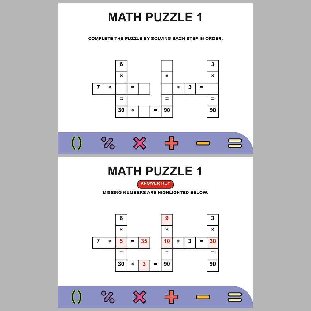 Math Puzzle Multiplication 10 Puzzle Pages + 10 Answer Key Pages (Vol. 2)
