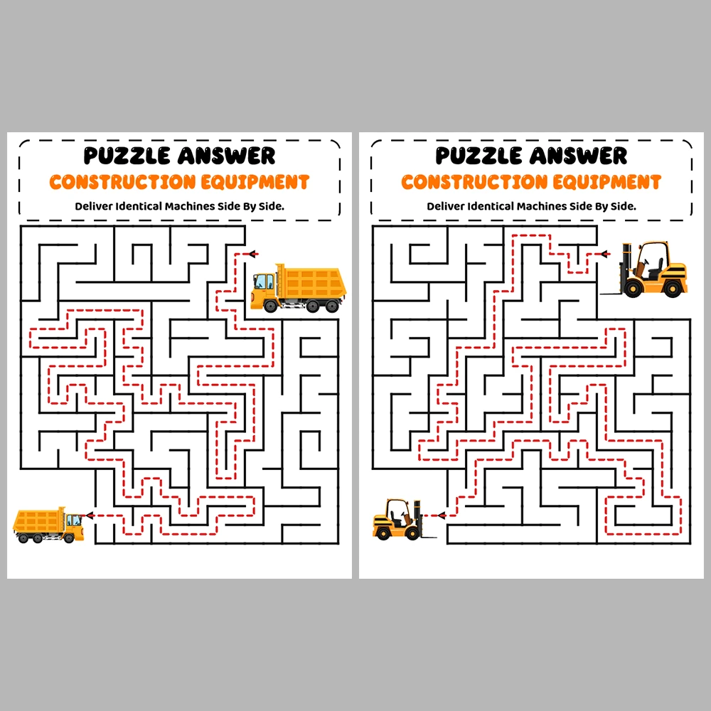 Construction Equipment Kids Maze Puzzle 10 Puzzle Pages + 10 Answer Key Pages